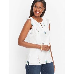 Talbots Tossed Wildflowers Embroidered‎ Cotton Split Neck Short Sleeve Top